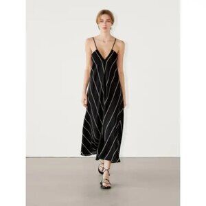 Massimo Dutti 100% Linen Contrasting Striped Midi Dress, Black Zalando, L